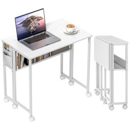 Homcom Escritorio Plegable Con Ruedas Y Estante 80x50x75 Cm Blanco