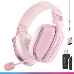 Auriculares Oniverse Polaris inalámbricos y con cable Bluetooth y USB-C para gaming con sonido surround 7.1, micrófono extraíble y baja latencia, color rosa