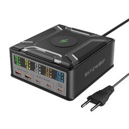 Cargador BlitzWolf BW-S28 260W GaN 5 Puertos USB-C y USB-A Carga Inalámbrica 15W Negro
