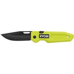 Cuchillo De Bolsillo Plegable Ryobi Rhckf-3 Con Hoja Drop Point De Acero Inoxidable Al Carbono Recubierta Negra, Apertura Con Un Dedo Y Bloqueo De Seguridad, Empuñadura Texturizada Verde/negra