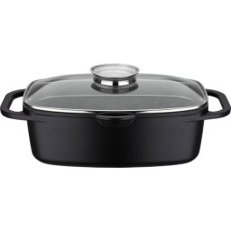 Gsw Gourmet Granit Cocotte Inducción 6 L Negro, Aluminio Fundido Con Antiadherente Multicapa Vitaflon Quarzit Sin Pfas Y Tapa Aroma Con Rejilla, Apta Para Horno Hasta 240 °c
