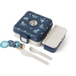 Monbento Snacky Kids 850 Ml Lobo Azul Con Cubiertos: Fiambrera Infantil Hermética A Migas, Compartimento Extraíble, Ventana De Inspección Y Personalización