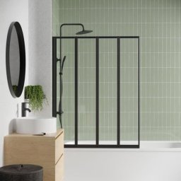 Gelco Lexia Mampara De Baño Plegable De 4 Paneles Negro 110 X 140 Cm, Cristal Transparente En Marcos, Reversible, Instalación Colgable, Perfiles Y Tornillería