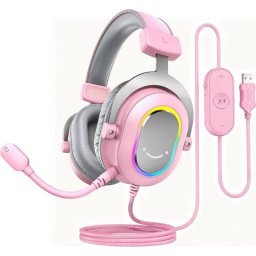 Auriculares Fifine con cable USB Over Ear Virtual Surround para gaming en rosa