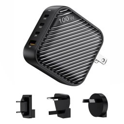 Cargador INVZI GanHub 3x USB-C + USB 100W Negro con Adaptadores Viaje