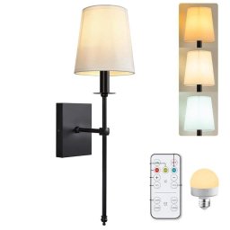 Lámpara Pared Autrucker Recargable con Mando, 3 Tonos, Pantalla Tela Blanca E27