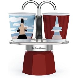 Cafetera italiana Bialetti Mini Express Magritte 2 tazas 90 ml con tazas de cerámica