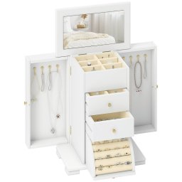 Homcom Caja Joyero De 4 Niveles Con 2 Cajones Espejo Puertas Laterales Blanco