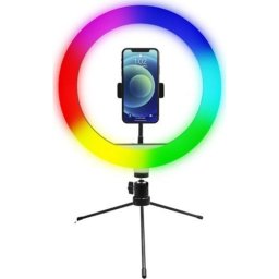 Luz de anillo LED RGB Powerton 25 cm con trípode y soporte para teléfono