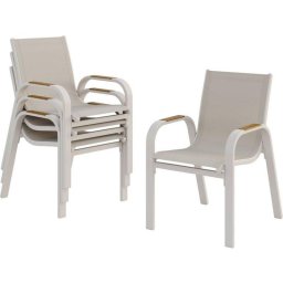 Juego de 4 sillas de comedor exterior VIANEA aluminio blanco textilène doble reposabrazos estilo madera