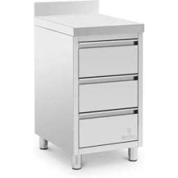 Mueble de acero inoxidable con superficie de trabajo - 50 x 60 cm - 186 kg - 3 cajones - con respaldo - Royal Catering 10013473