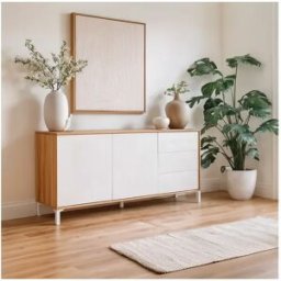 Loungitude Aparador de 2 puertas y 3 cajones con alta capacidad en blanco artik y roble canadian 154 cm Brooklyn Blanco Artik (Blanco Mate) - Roble Canadian