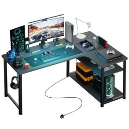 Mesa Gaming L GTPLAYER 120x80cm Superficie Fibra Carbono Estantes Ajustables Negro
