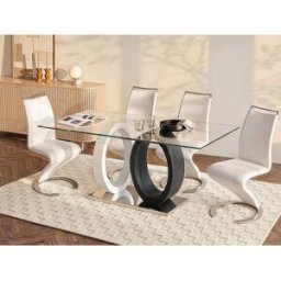 Unique Mesa de comedor AYANE - Cristal templado y MDF - Gris y Blanco