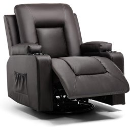 Sillón Relax Para Tv Con Respaldo Y Reposapiés Ajustables, Sillón Lounge 360° Giratorio De Cuero Pu Con Portavasos Y Bolsillos Laterales, Soporte Ergonómico Para Cuerpo Completo - Marrón