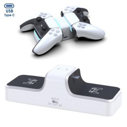 Cargador dual PS5 Base antideslizante Salida USB Indicadores LED Cable USB-C