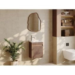 Unique Mueble lavabo suspendido estriado de fresno con lavabo en resina blanco mate - Color natural oscuro - 40 x 25.5 x 54 cm - DROVI