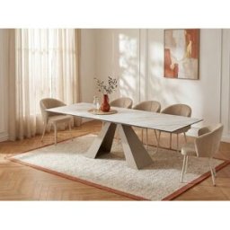 Unique Mesa de comedor extensible 6 a 10 comensales de cerámica y metal - Efecto mármol blanco y beige - LOZIPA de Pascal MORABITO