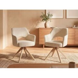 Unique Conjunto de 2 sillas giratorias con reposabrazos en tela y roble - Crema - KONYA