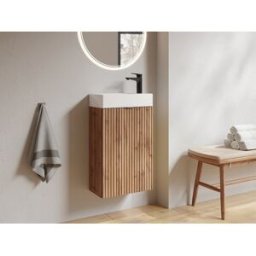 Unique Mueble de lavabo rayado con puerta reversible natural claro - Alt. 60 x An. 40 x Pr. 22 - VAHIRA