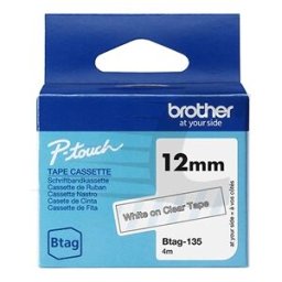 Brother Btag-135 cinta no laminada blanco sobre transparente 12 mm