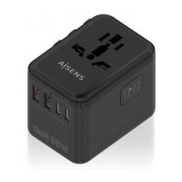 Aisens Adaptador Enchufe Universal Para Viaje EU/USA/UK/AU Con Cargador USB GaN, 2xUSB-A (A1 QC3.0),