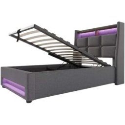 MODFU Cama infantil de lino gris 90x200 cm con almacenaje, led y usb