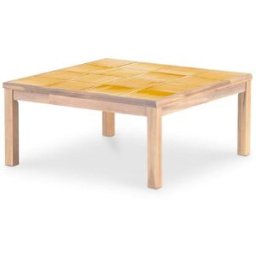 Defora Home Mesa baja cuadrada madera y cerámica 86x86x40 mostaza