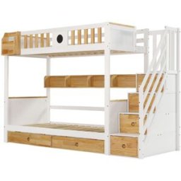 MODFU Litera de madera blanca y natural de 90 x 200 cm con cajones