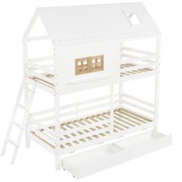 OKWISH Litera infantil blanca y natural de madera con cajones 90x200 cm