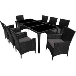 Tectake Set de ratán para 8 personas, sillas, cojines, mesa y fundas, negro