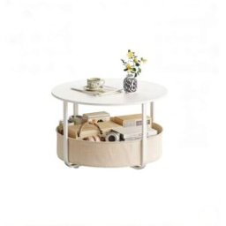 OKWISH Mesa de centro blanco y beige de metal con cesta 80x50 cm