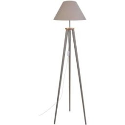 Tosel Lámpara de pie trepied trípode madera natural metal pantalla blanco