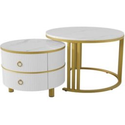 OKWISH Juego 2 mesas centro mdf con 2 cajones 70x70x46 cm, blanco dorado