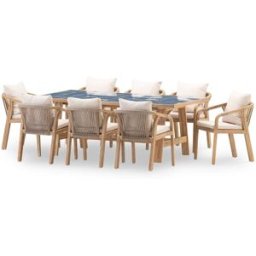 Defora Home Set de mesa de madera y cerámica azul y 8 sillas