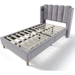 MODFU Cuna infantil de lino gris de 90x200 cm con carga usb tipo c