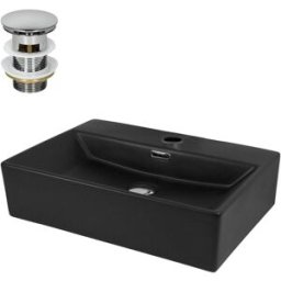 ECD Germany Lavabo cerámico negro rectangular con juego de drenaje cromado