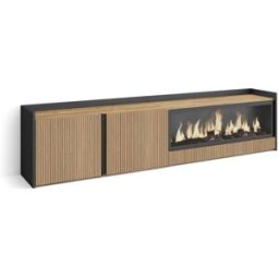 Skraut home Mueble tv efecto madera roble y negro 212x35x50 chimenea efecto fuego