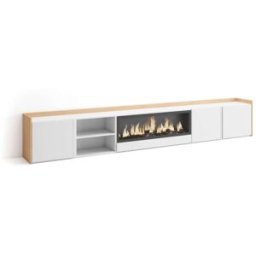 Skraut home Mueble tv efecto madera blanco roble 315x35x50cm chimenea efecto fuego