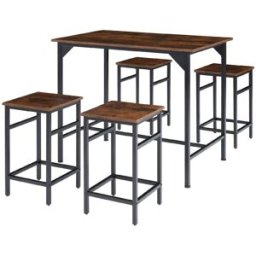 Tectake Juego de mesa bistró y 4 taburetes de estilo industrial madera oscura