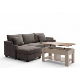 Urban Meuble Sofá rinconera gris oscuro y mesa de centro elevable blanca y madera