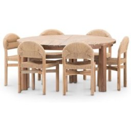 Defora Home Set de mesa redonda 150cm y 6 sillas de madera y ratán beige