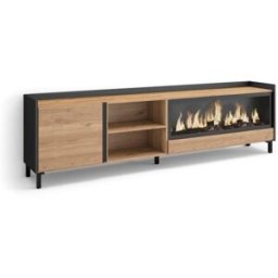 Skraut home Mueble tv efecto madera roble negro 212x35x61cm chimenea efecto fuego
