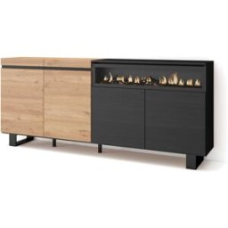 Skraut home Aparador efecto madera roble y negro 200x35x87cm chimenea efecto fuego