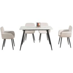 Urban Meuble Conjunto de mesa efecto mármol blanco y 4 sillas de tela beige