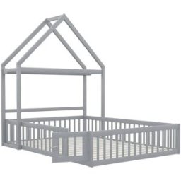 OKWISH Cama infantil gris de madera maciza con almacenaje 140x200 cm