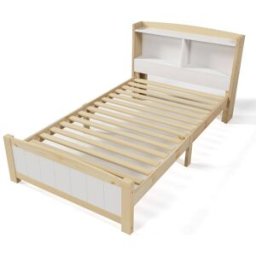 MODFU Cama infantil de madera blanca 90x200 cm con cabecero con almacenaje