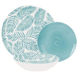 Fijalo Vajilla 18 pzs porcelana azul hojas, plato llano: diam.27cm