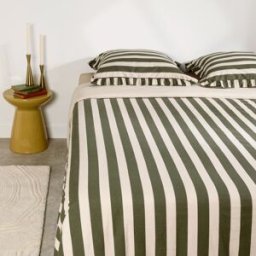 Maisons du Monde Juego de cama de algodón orgánico a rayas blancas y verdes, 260x240 cm