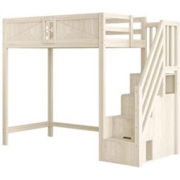 ComfortXL Cama alta infantil 90x200 cm con ventana y escalera madera